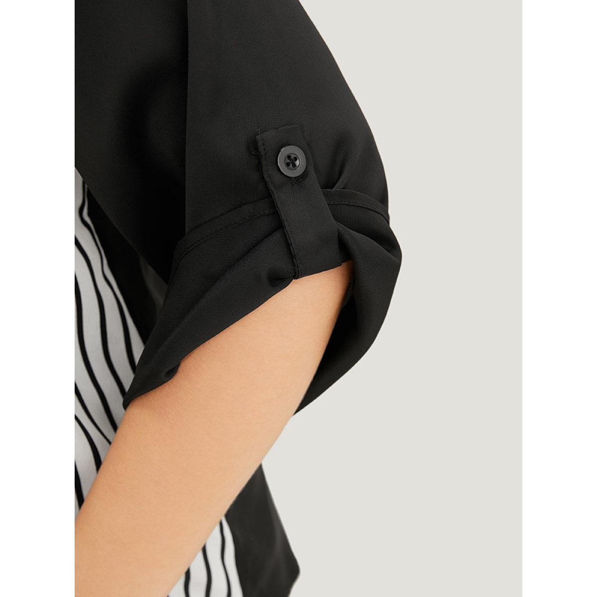 Plus Size Black Striped Patchwork Tab Sleeve Blouse Women Office Elbow-length sleeve V-neck Work Blouses BloomChic 22-24/3X Product Image