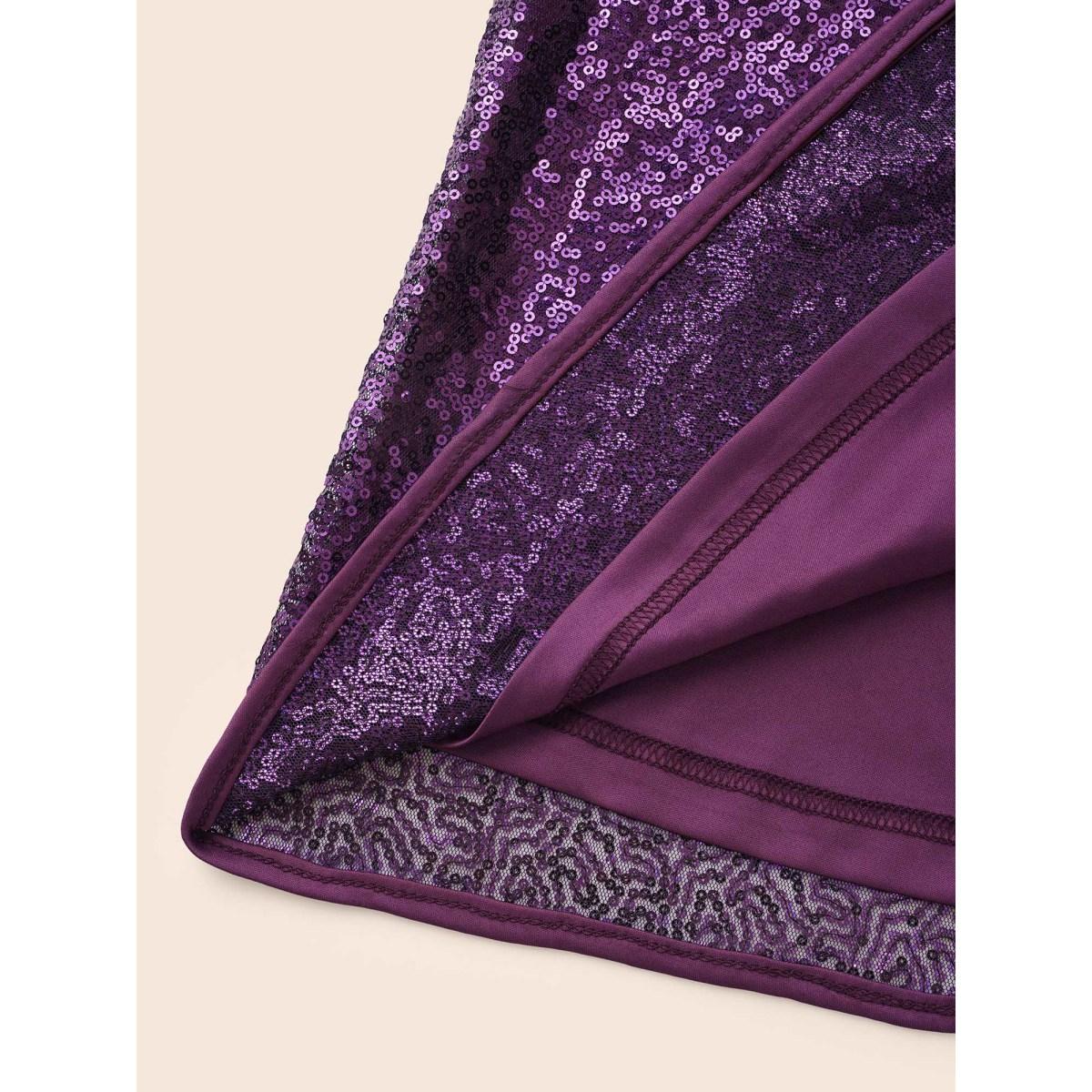 Plus Size Sequin Overlap Collar Ruffle Sleeve Dress Deeppurple Women Cocktail Texture Overlap Collar Short sleeve Curvy BloomChic 14-16/1X Product Image