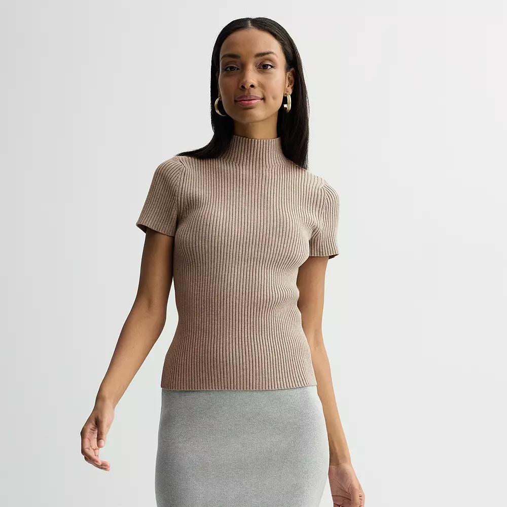 Women's Nine West Ribbed Mockneck Short Sleeve Sweater, Size: XS, Medium Beige Product Image