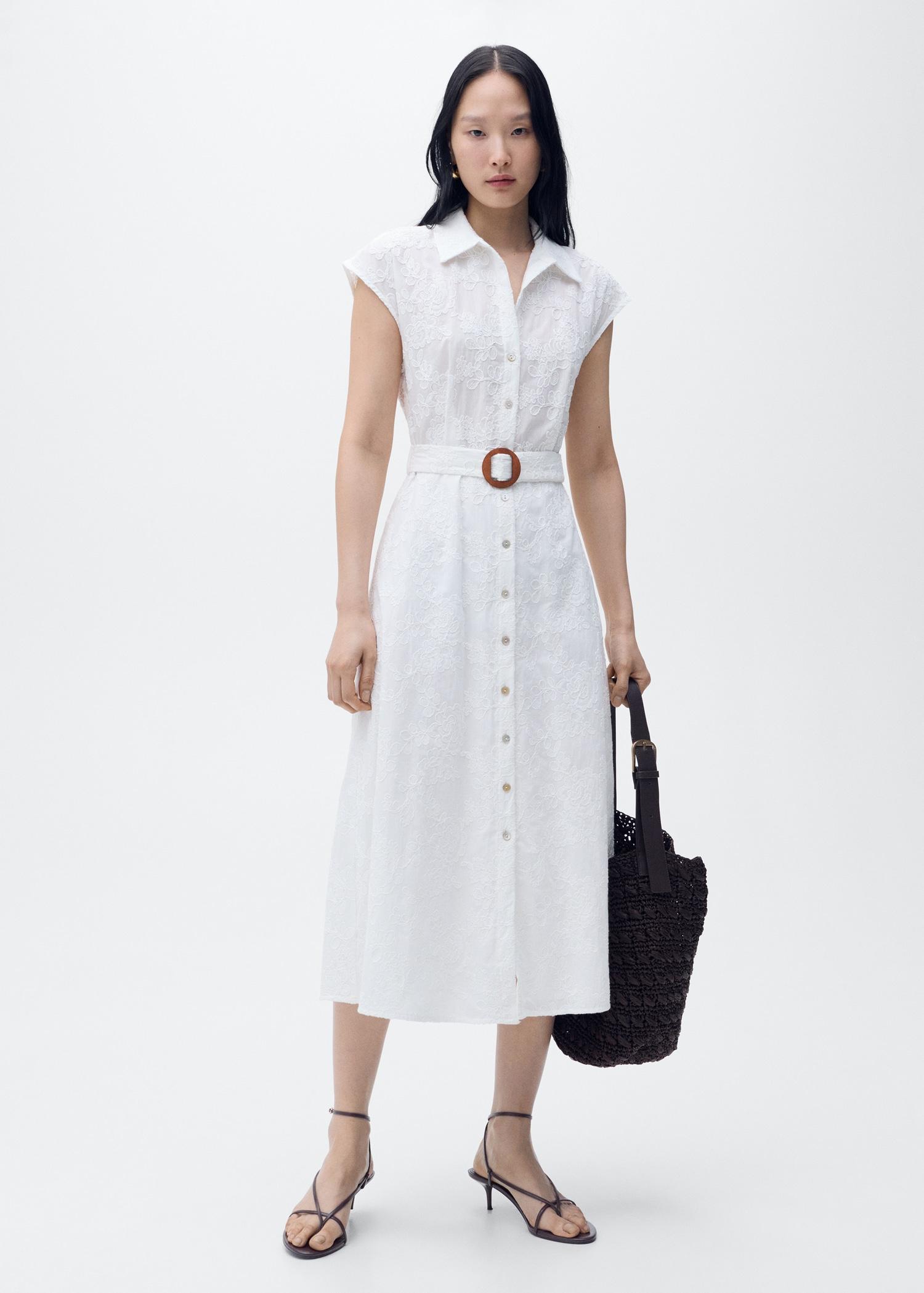 Embroidered shirt dress with belt - Women | MANGO USA Product Image