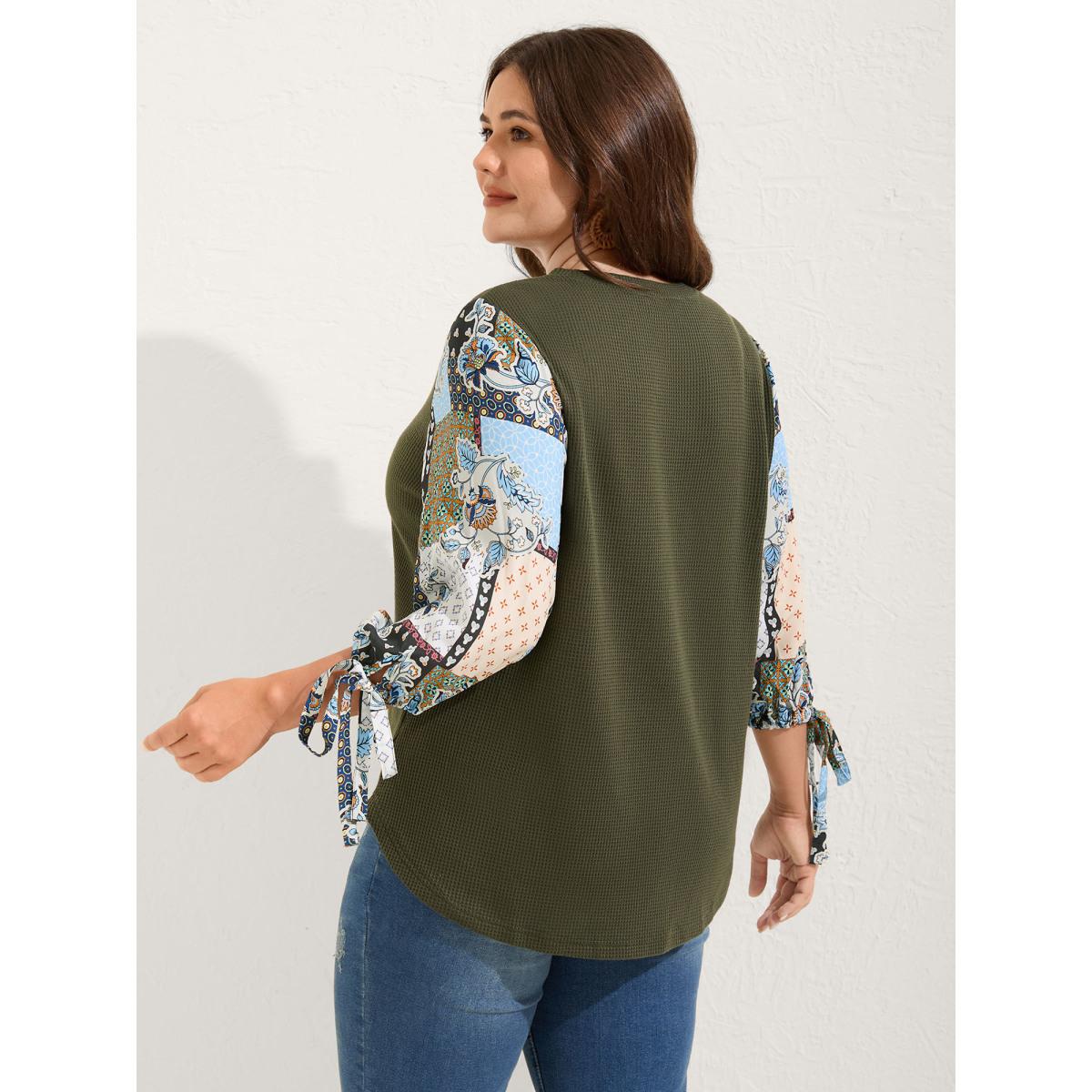 Plus Size Boho Print Ribbed Sleeve Tie Sweatshirt Women ArmyGreen Boho Round Neck Vacation Sweatshirts BloomChic 10/M Product Image