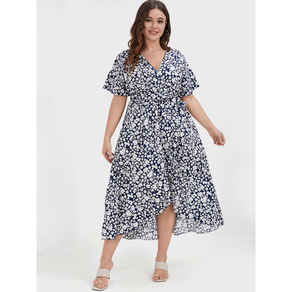 Plus Size Floral Belted Ruffles Split Pocket Wrap Dress DarkBlue Women Elegant Cross straps V-neck Short sleeve Curvy Midi Dress BloomChic 18-20/2X Product Image