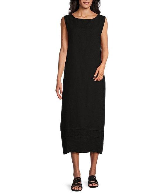 Bryn Walker Light Linen Poppy Round Neck Sleeveless Pintuck Detail Shift Midi Dress Product Image