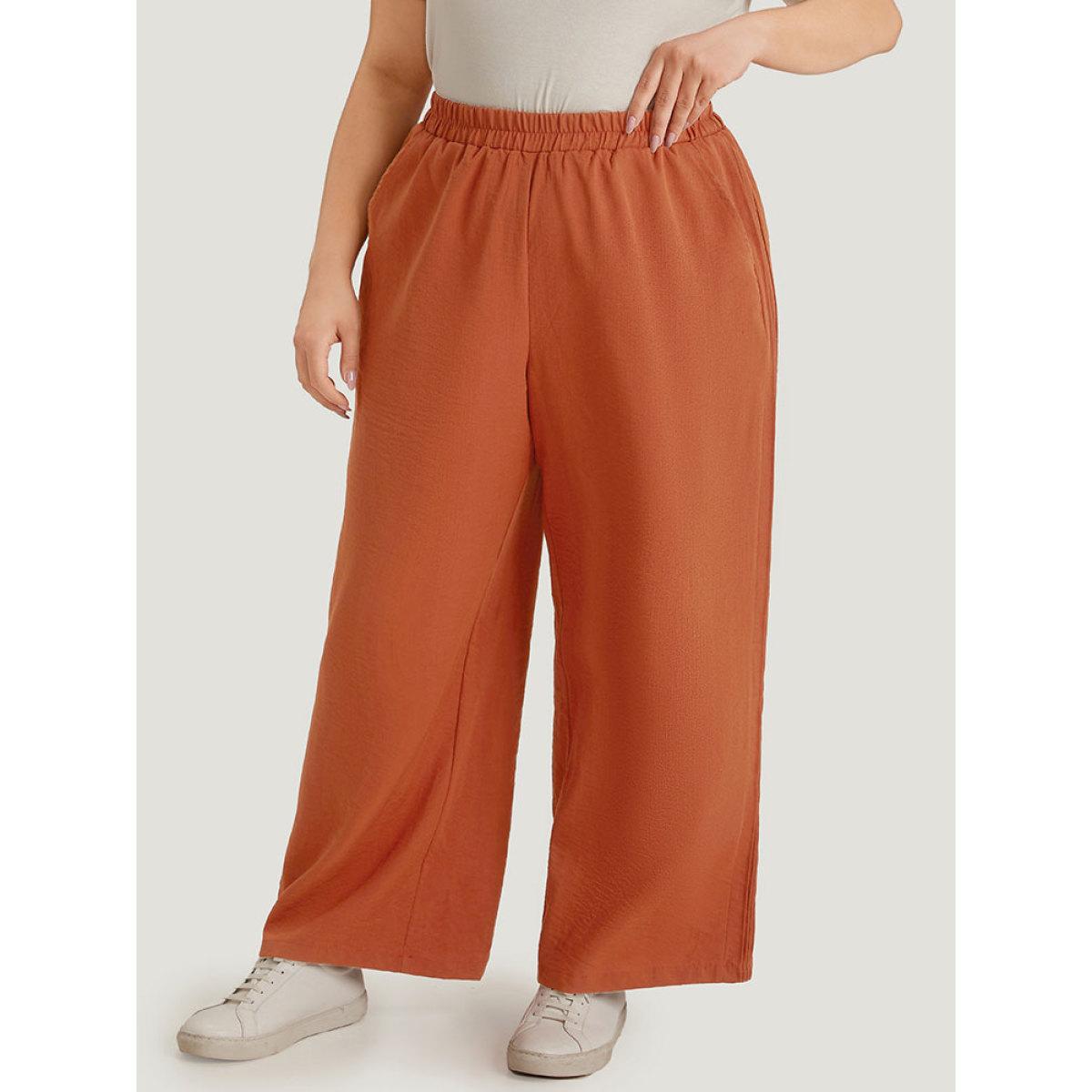 Plus Size Plain Plicated Detail Pocket Elastic Waist Wide leg Pants Women Chocolate Casual Straight Leg High Rise Dailywear Pants BloomChic 22-24/3X Product Image