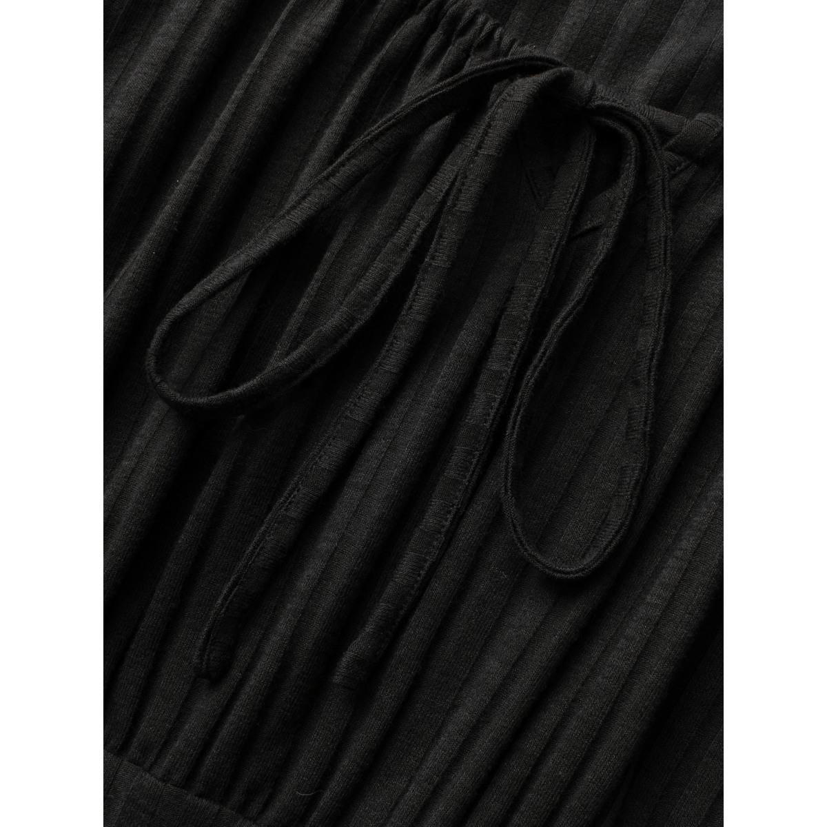 Plus Size Square Neck Rib Knit Drawstring Dress Black Women Elegant Texture Square Neck Long Sleeve Curvy BloomChic 22-24/3X Product Image