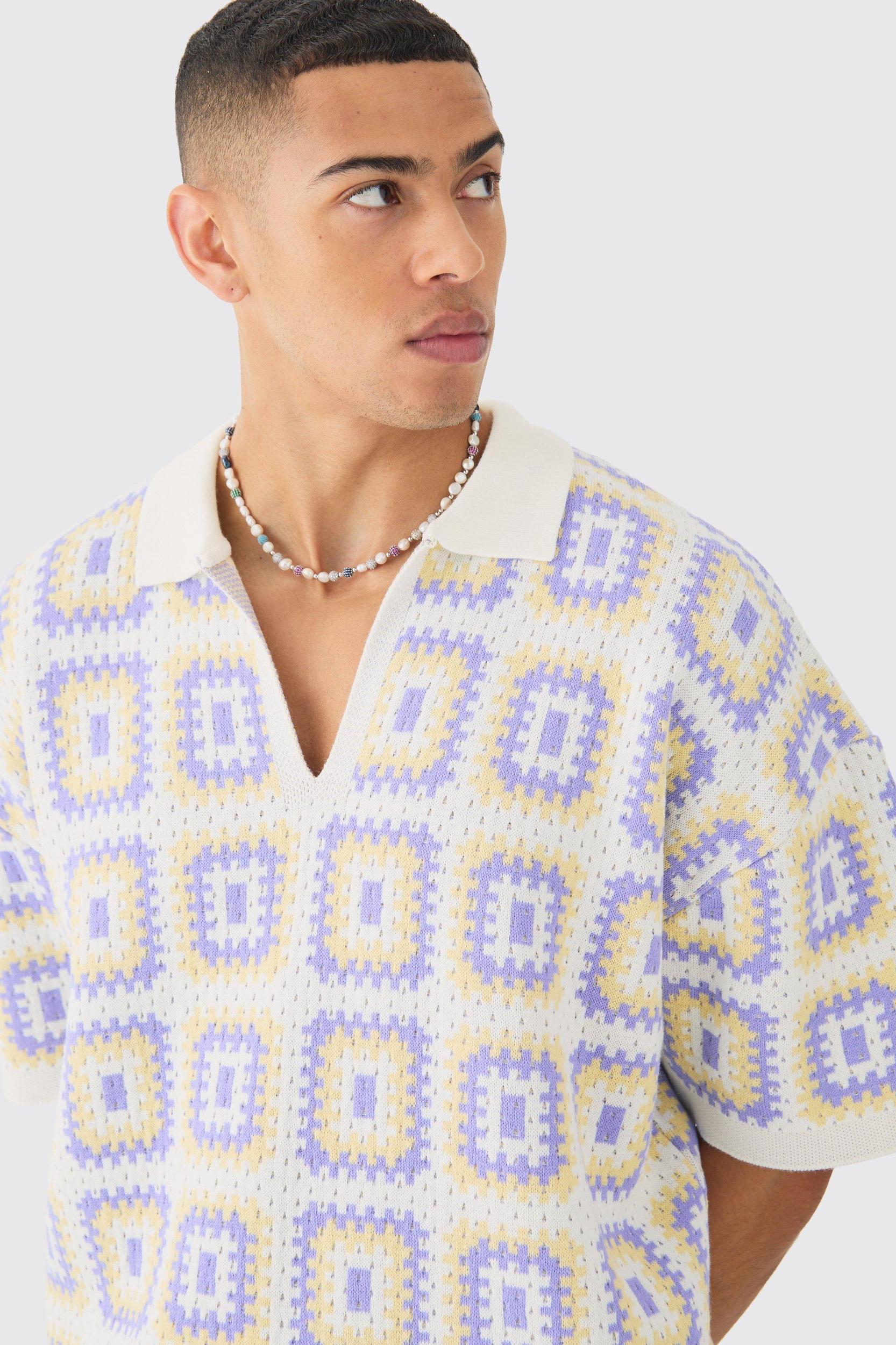 Oversized Boxy Crochet Knit Polo In White | boohooMAN USA Product Image