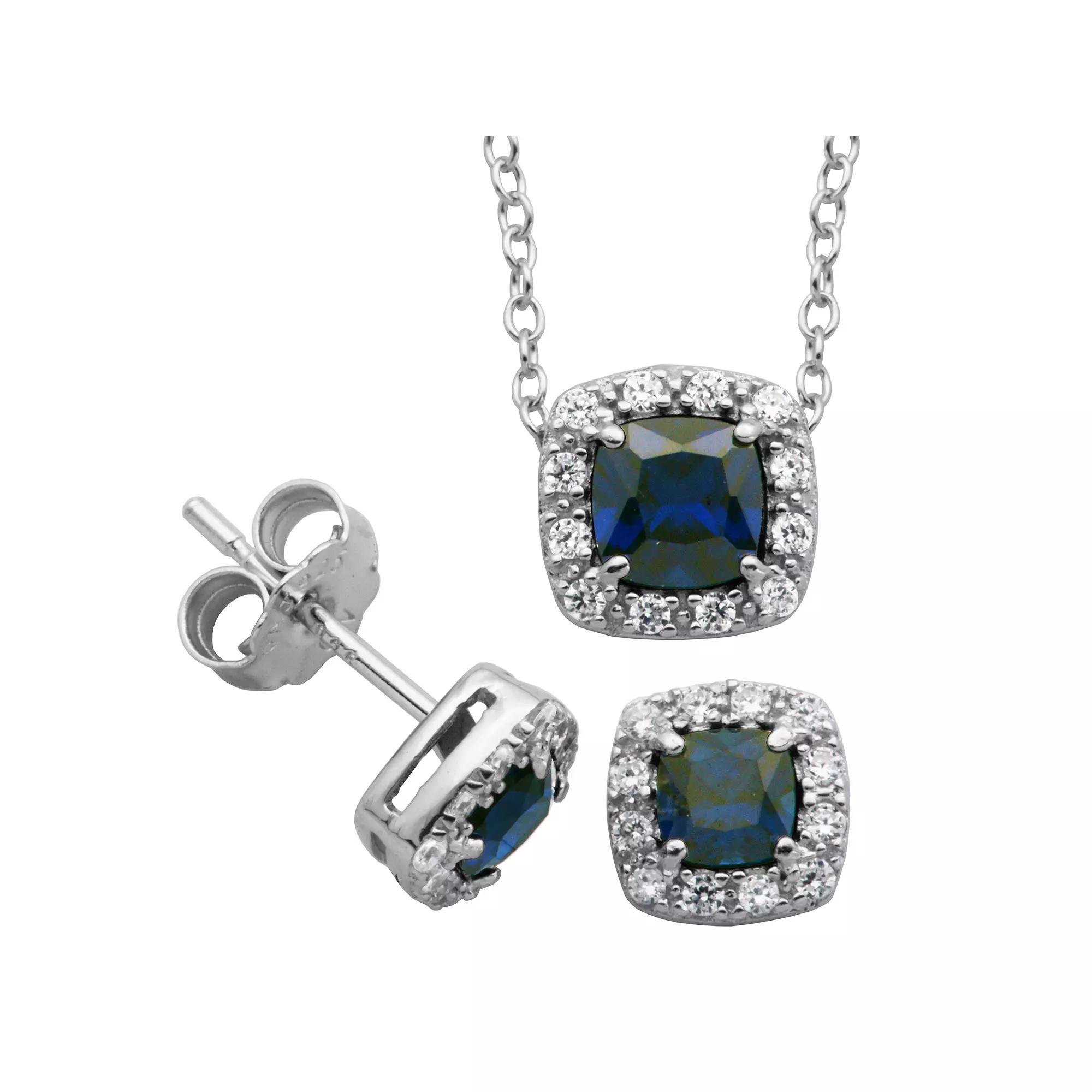 Sterling Silver Lab-Created Blue Sapphire & Cubic Zirconia Cushion Halo Pendant Necklace & Stud Earrings Set, Women's Product Image