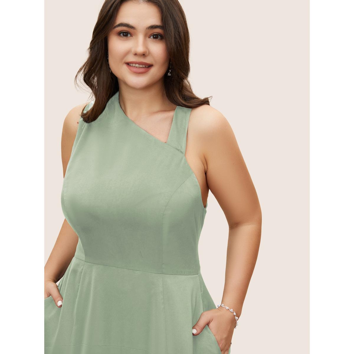 Plus Size Solid Asymmetrical Neck Split Hem Dress Palemauve Women Formal Asymmetrical Neck Sleeveless Curvy Midi Dress BloomChic 28/5X Product Image