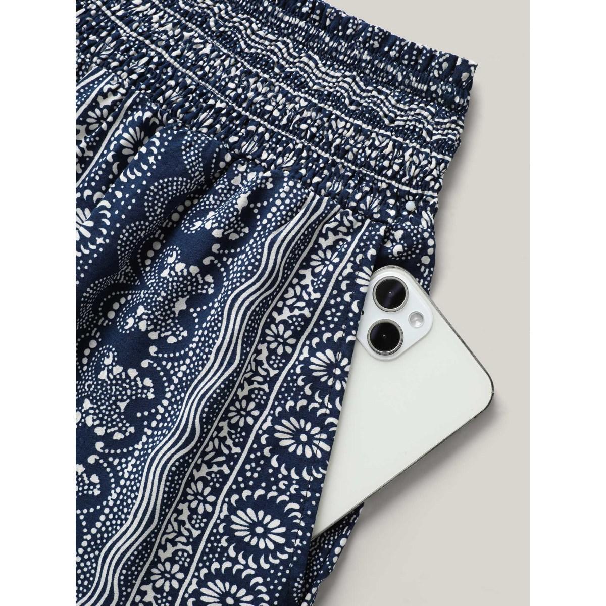 Plus Size Boho Print Shirred Waist Wide-Leg Pants Women Indigo Boho Wide Leg Mid Rise Vacation Pants BloomChic 10/M Product Image