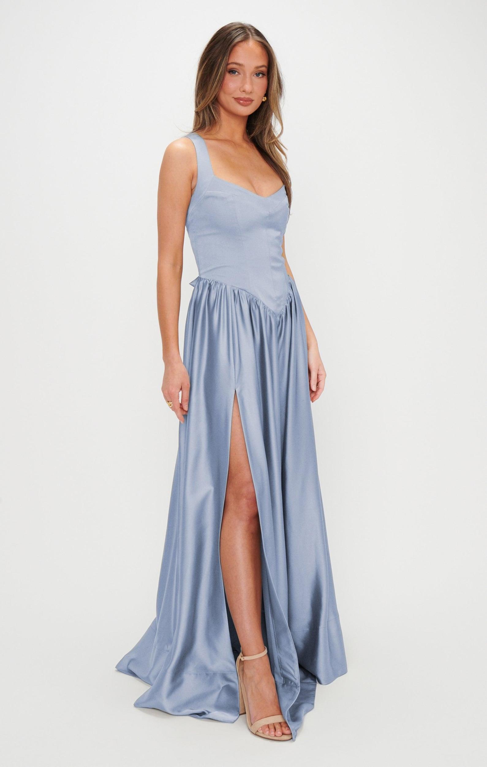 Abigail Maxi Dress ~ Steel Blue Luxe Satin Product Image