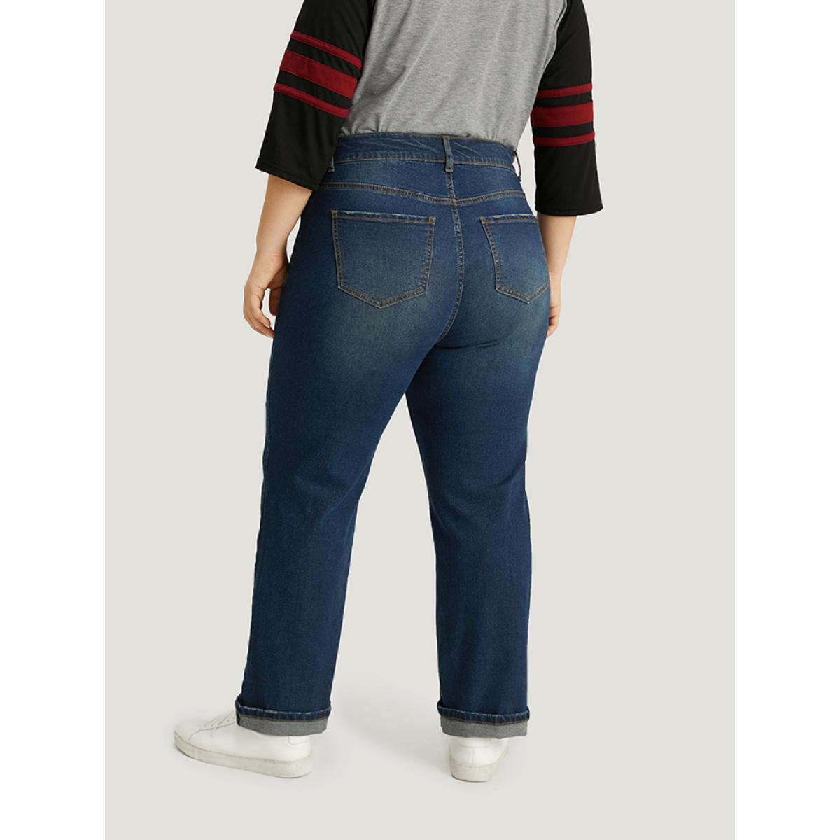 Plus Size Plain Roll Hem Medium Wash Full Length Jeans Women Indigo Casual Plain Plain High stretch Pocket Jeans BloomChic 26/4X Product Image