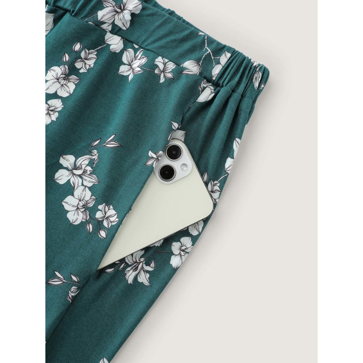 Plus Size Monochrome Floral Print Loungewear Set Women Teal Leisure Round Neck Side seam pocket Loungewear BloomChic 14-16/1X Product Image