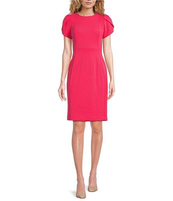 Calvin Klein Scuba Crepe Short Petal Sleeve Crew Neck Sheath Dress Product Image