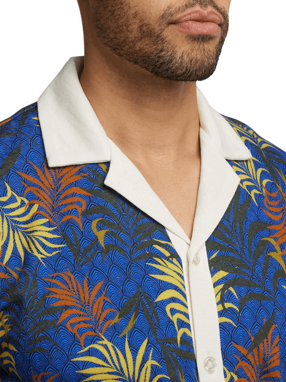 Linen Blend Button Front Camp Collar - Blue Multi Product Image