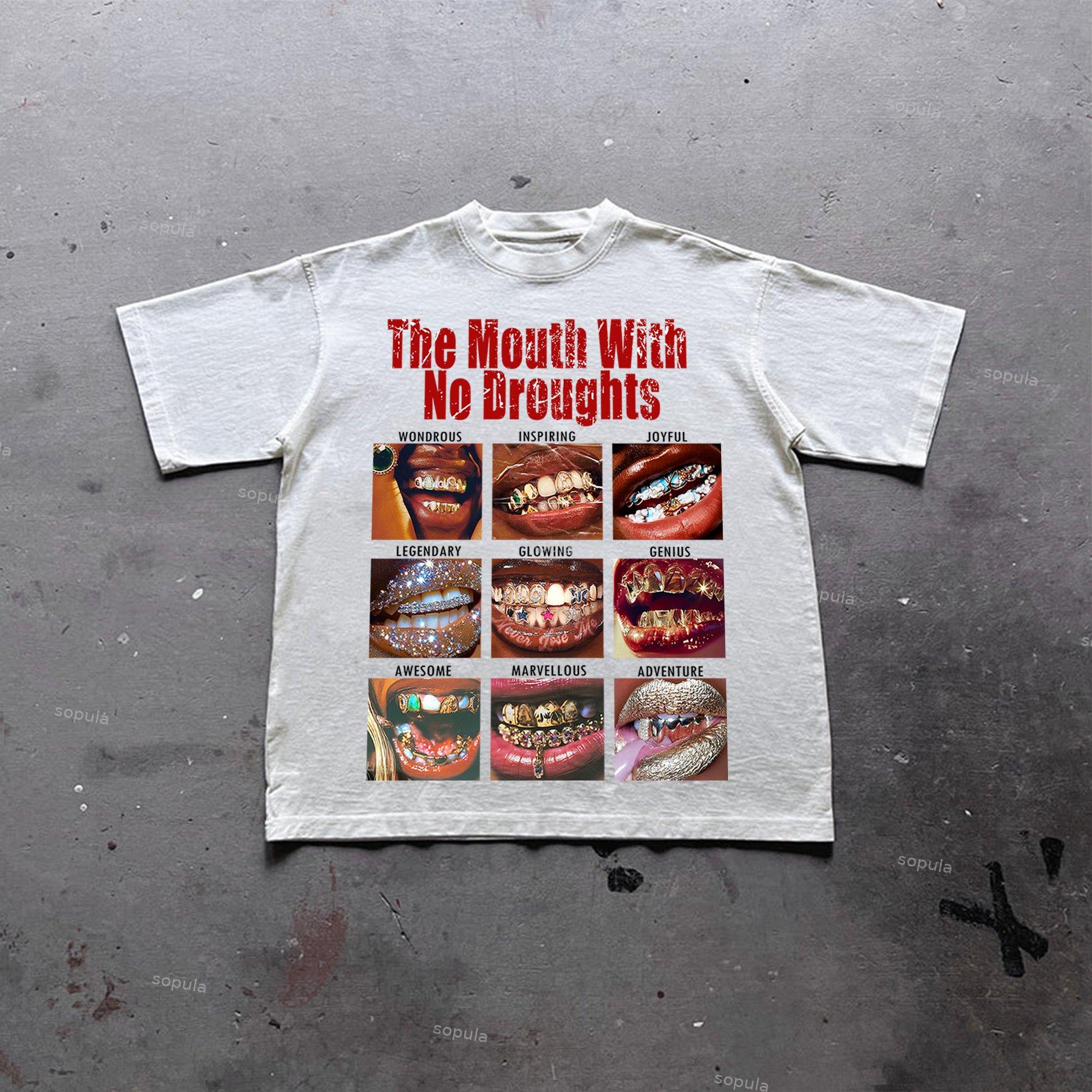 Sopula Casual The Mouth With No Droughts Graphic Print Cotton T-Shirt Product Image
