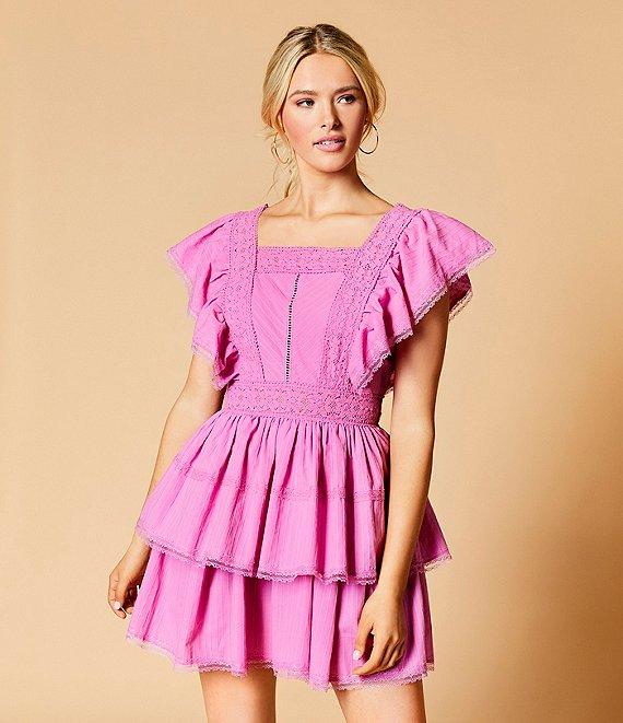 Lace Square Neck Short Flutter Sleeve Tiered Mini Dress Product Image