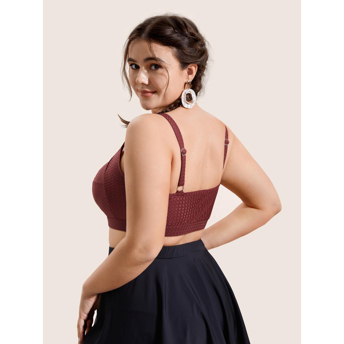 Plus Size Solid Twist Texture Swim Top Women's Swimwear Burgundy Beach Twist High stretch Skinny Heart neckline Curve Swim Tops BloomChic 28/5X Product Image