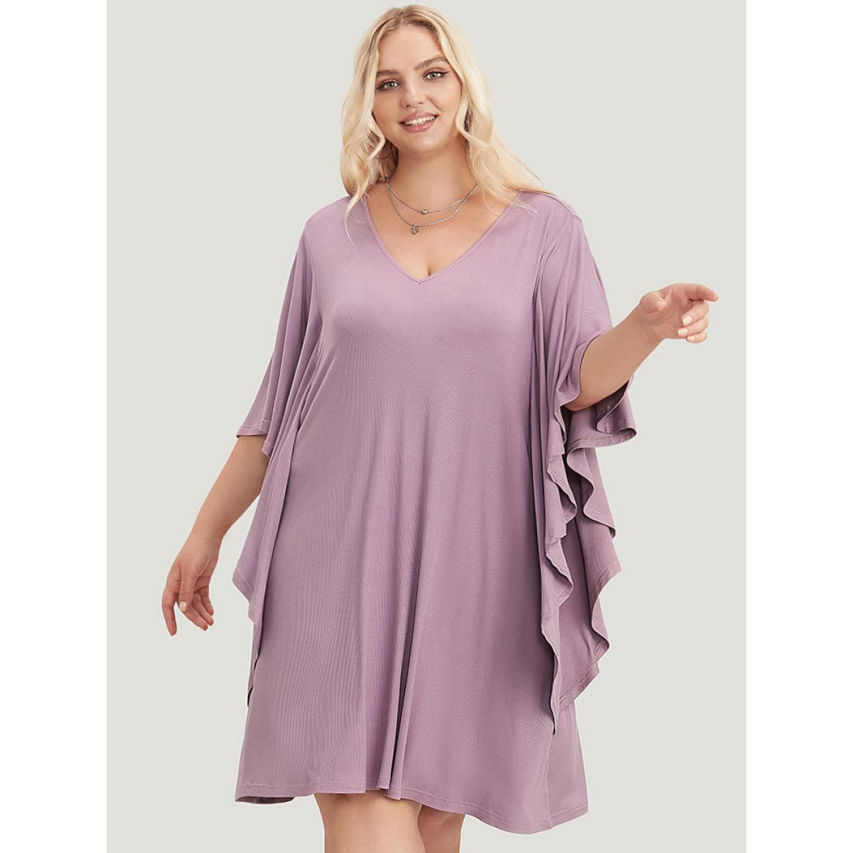 Plus Size Solid Dolman Sleeve Ruffle Trim Pocket Rib Knit Knee Dress Mauve Women Casual Pocket V-neck Half Sleeve Curvy Knee Dress BloomChic 12/L Product Image