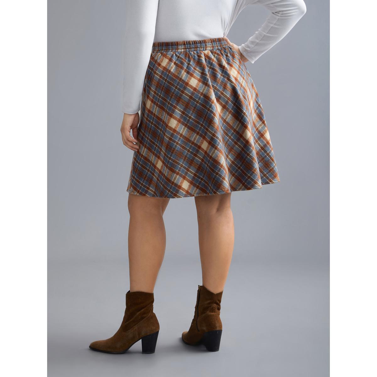 Plus Size Plaid Pattern Elastic Waist A-line Mini Skirt Women LightBlue Elegant Low stretch Slanted pocket Everyday Skirts BloomChic 14-16/1X Product Image