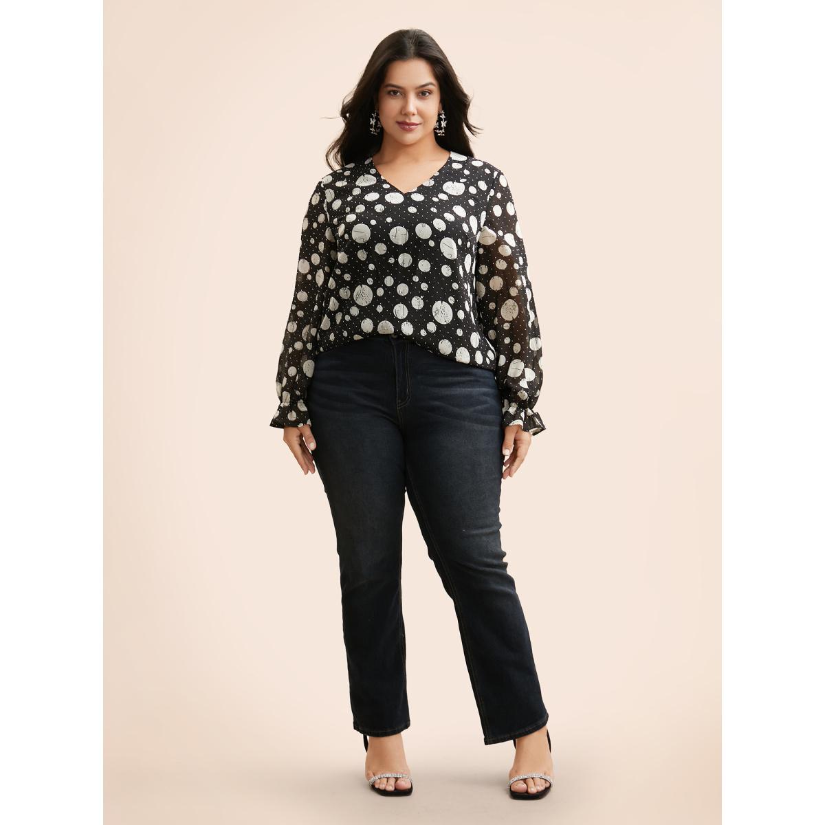 Plus Size Black Polka Dot Rhinestone Lantern Sleeve Blouse Women Casual Long Sleeve V-neck Everyday Blouses BloomChic 12/L Product Image
