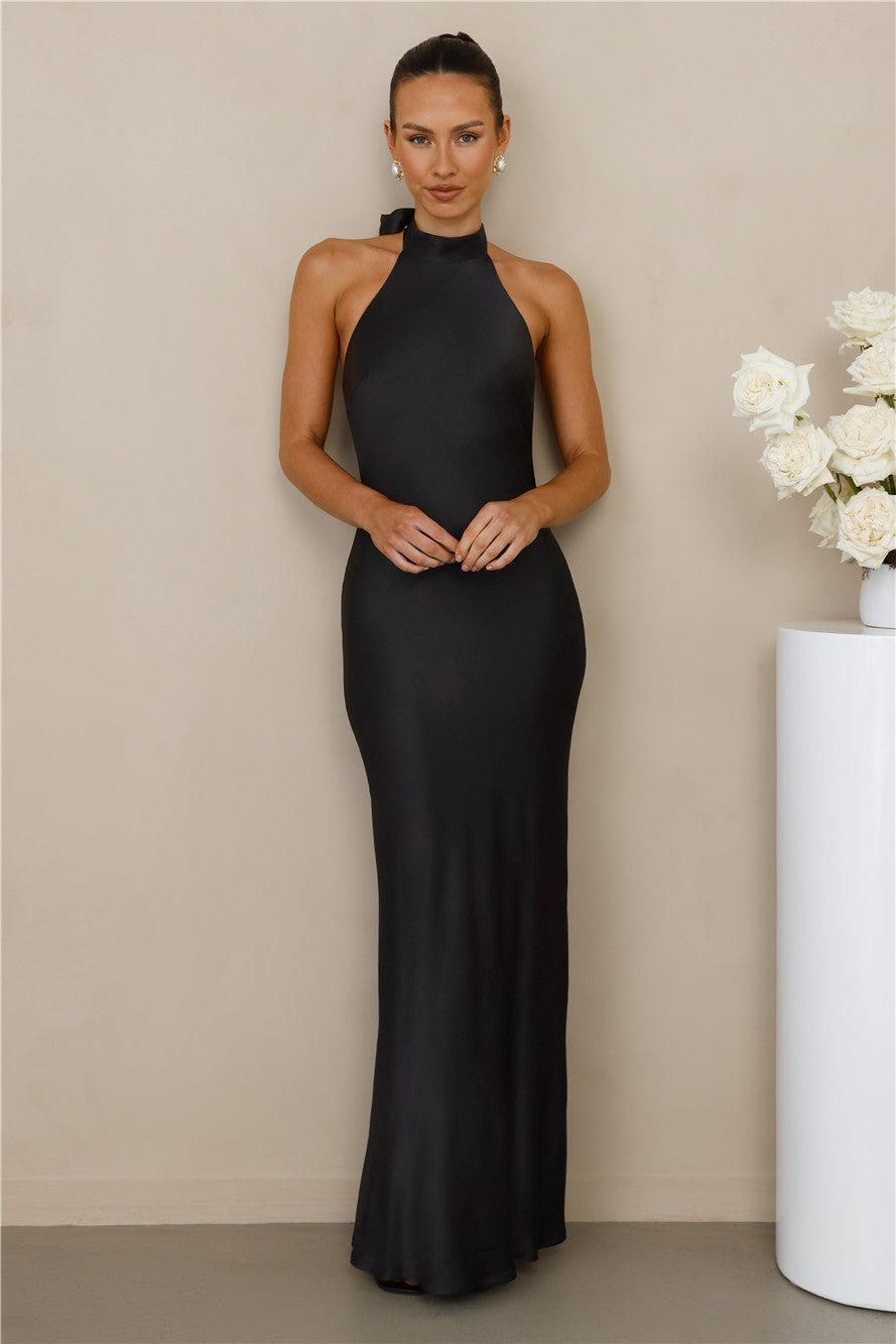 The Cleo Halter Satin Maxi Dress Black Product Image