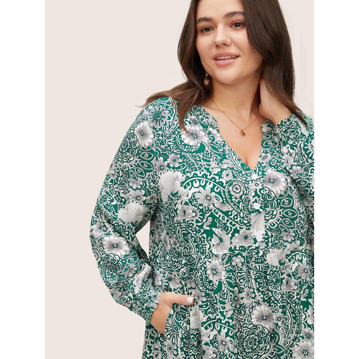 Plus Size Floral Shirred Button Detail Lantern Sleeve Dress Emerald Women Resort Non Notched collar Long Sleeve Curvy Midi Dress BloomChic 26/4X Product Image
