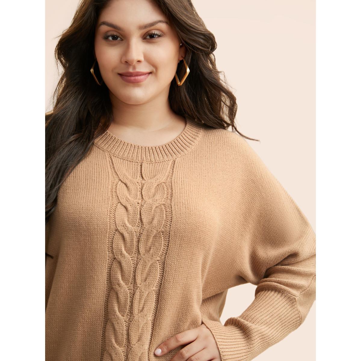 Plus Size Plain Dolman Sleeve Arc Hem Pullover Tan Women Casual Loose Long Sleeve Round Neck Everyday Pullovers BloomChic 14-16/1X Product Image