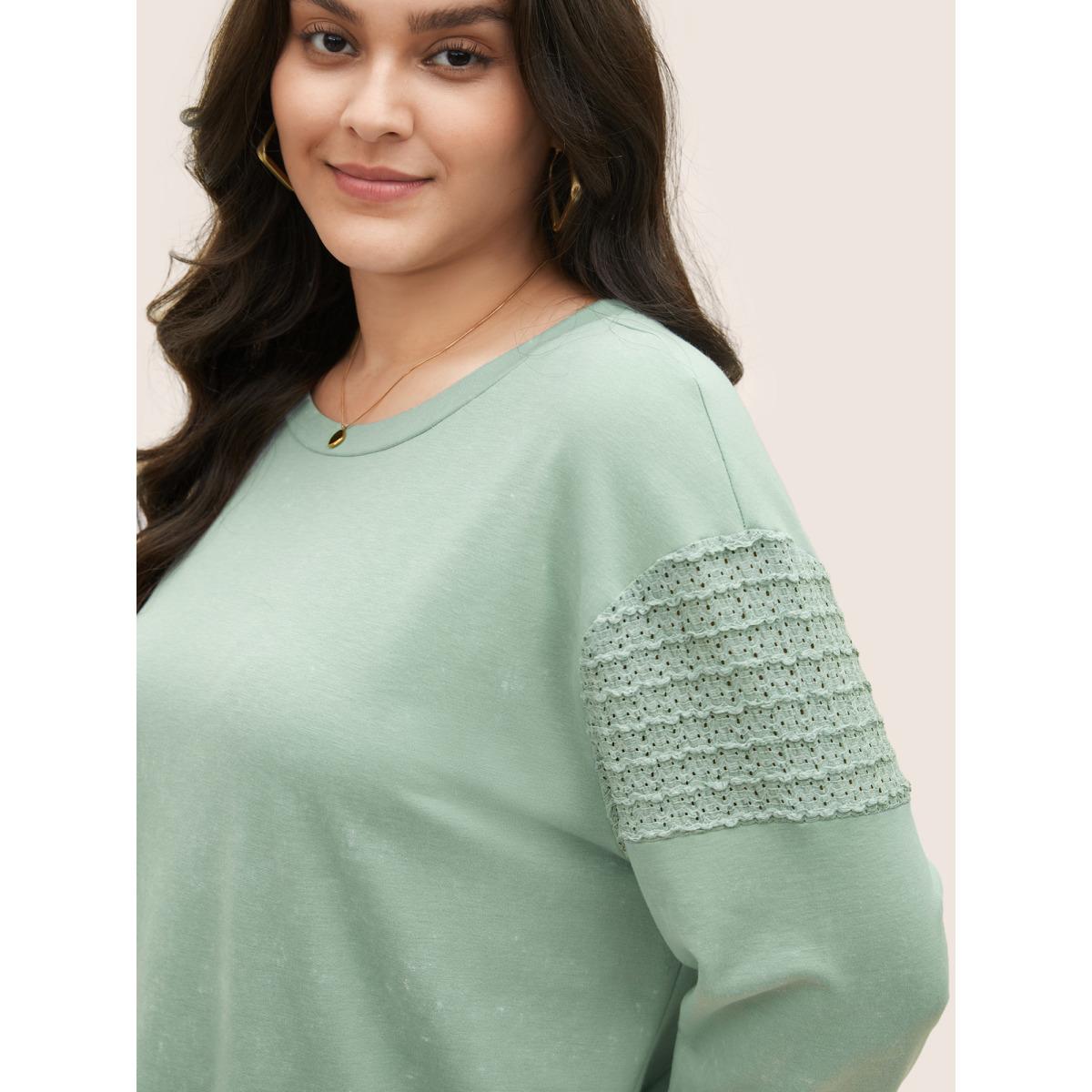 Plus Size Solid Lace Panel Drop Shoulder Sweatshirt Women Mint Casual Non Round Neck Everyday Sweatshirts BloomChic 18-20/2X Product Image