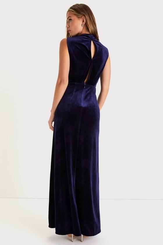 Classic Elegance Navy Velvet Sleeveless Mock Neck Maxi Dress Product Image