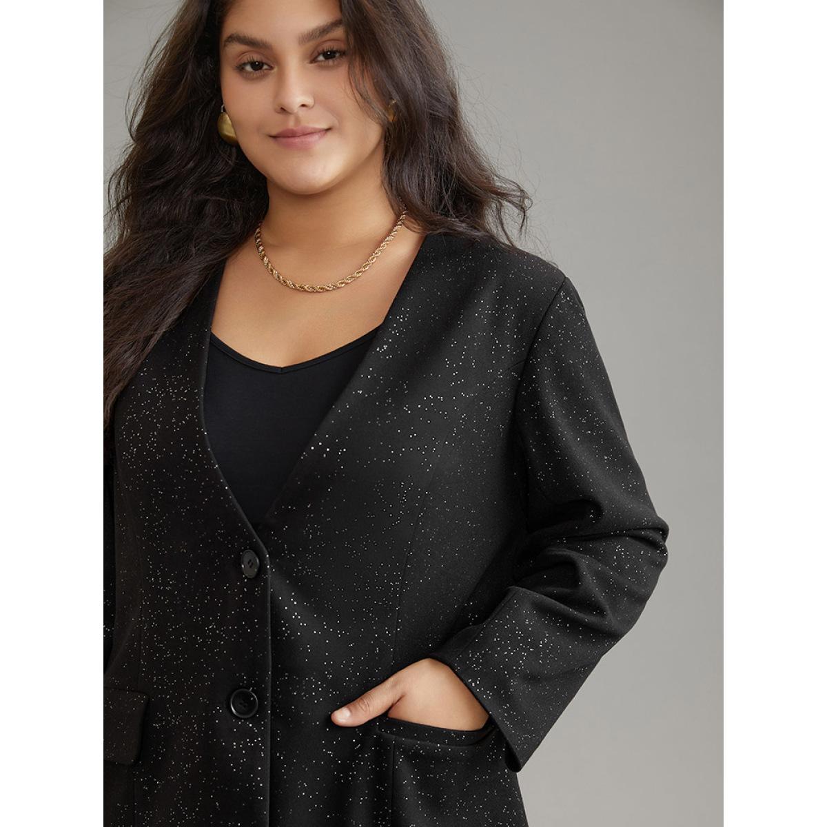 Plus Size Glitter Flap Pocket Button Down Blazer Black Women Dailywear Plain Lined Sleeve Long Sleeve Suit Collar 10/M Pocket Casual Blazers BloomChic Product Image