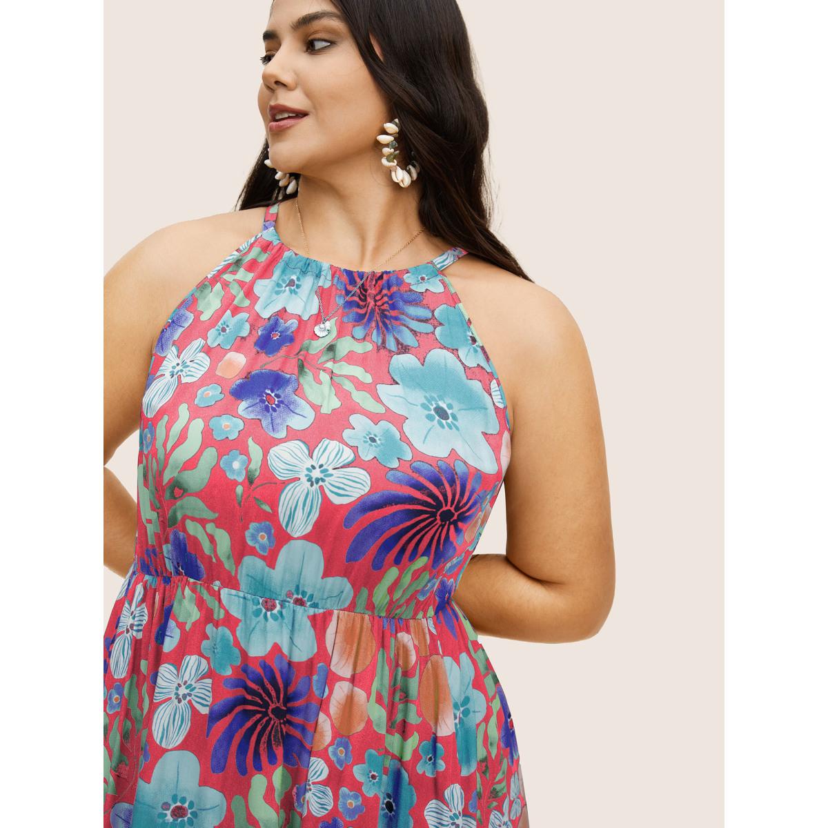 Plus Size Floral Printed Patchwork Side Seam Pocket Dress Brightred Women Resort Gathered Non Sleeveless Curvy BloomChic 30/6X Product Image