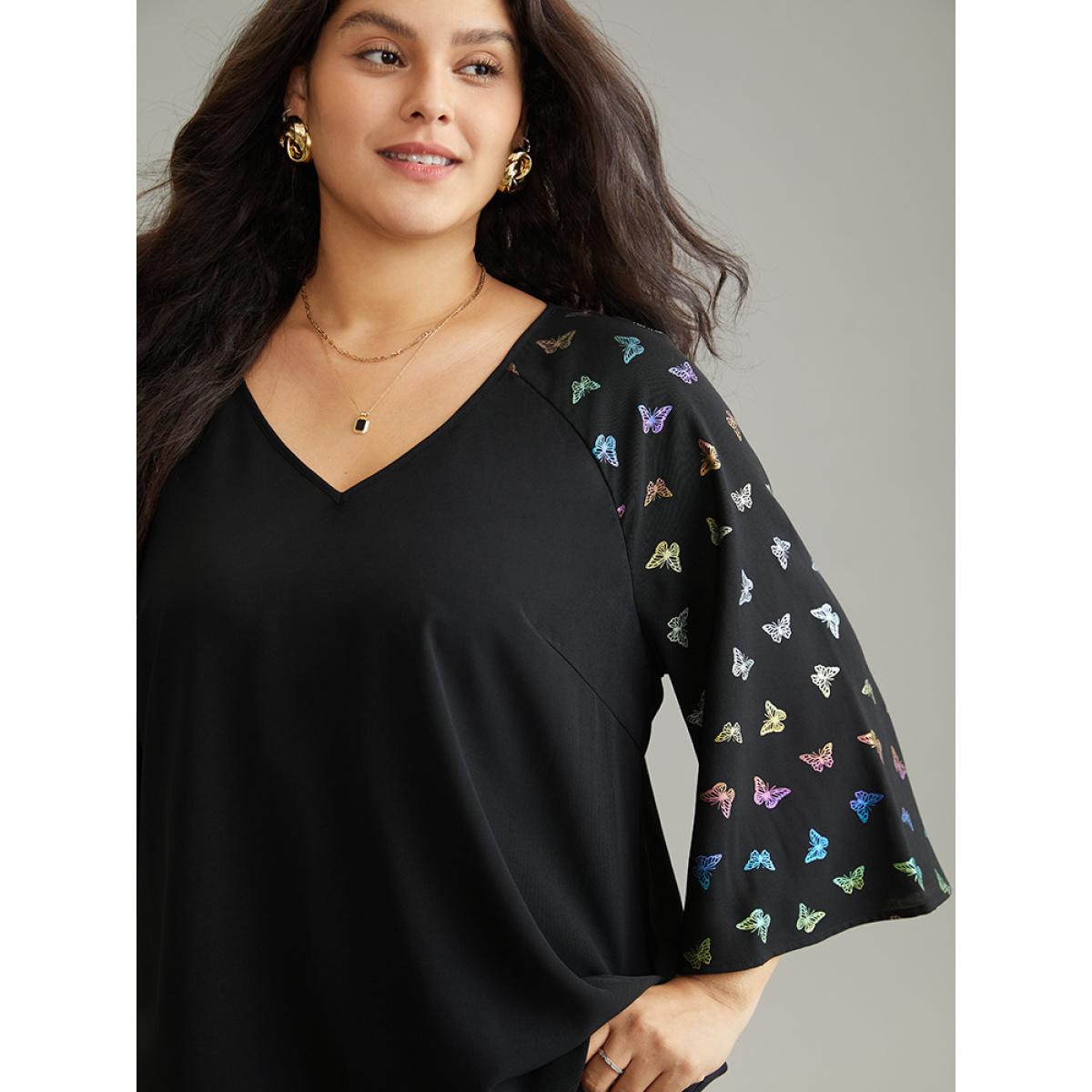 Plus Size Black Glitter Butterfly Flutter Raglan Sleeve Blouse Women Elegant Elbow-length sleeve V-neck Party Blouses BloomChic 18-20/2X Product Image