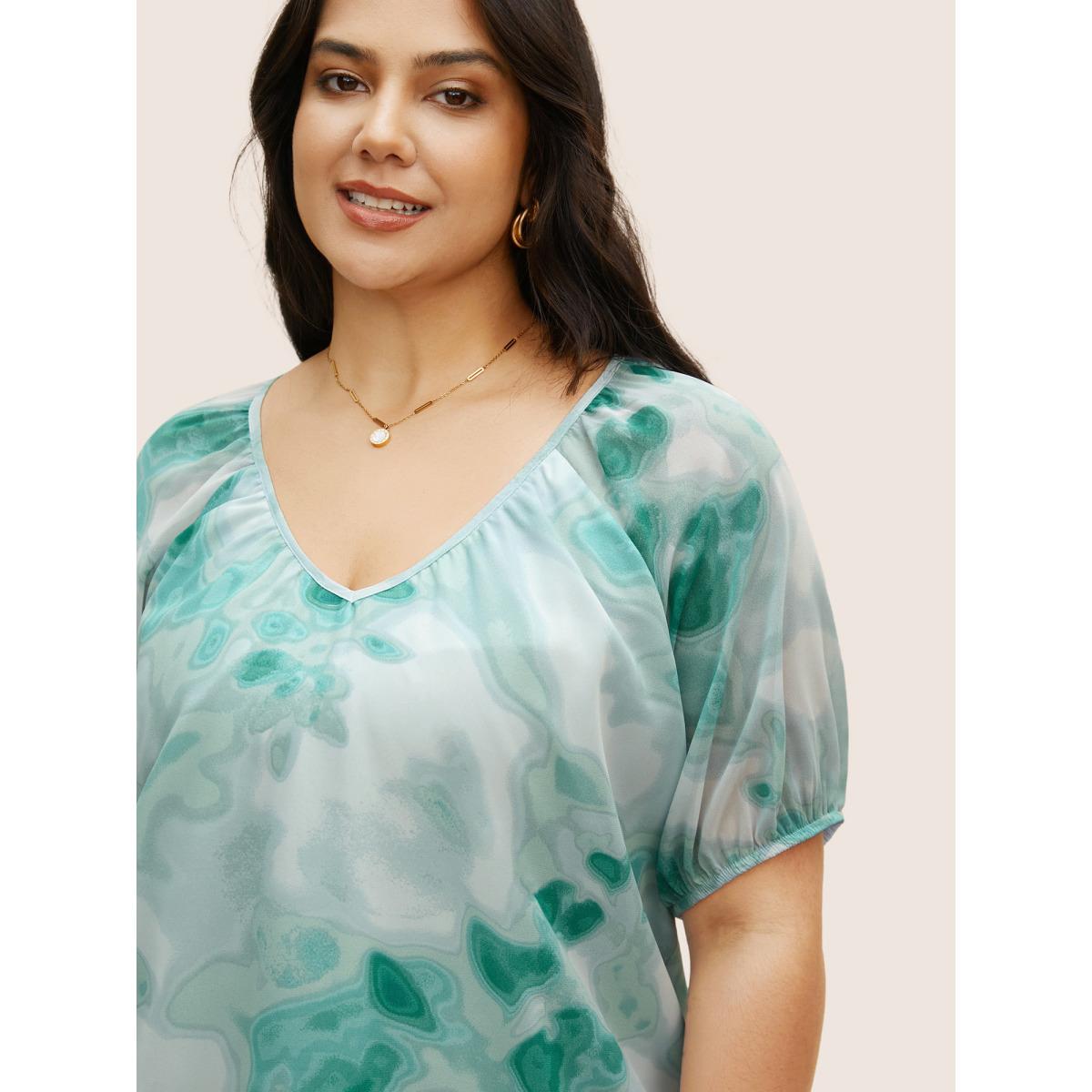 Plus Size Turquoise Synthetic Texture Raglan Sleeve Gathered Blouse Women Elegant Short sleeve V-neck Everyday Blouses BloomChic 10/M Product Image