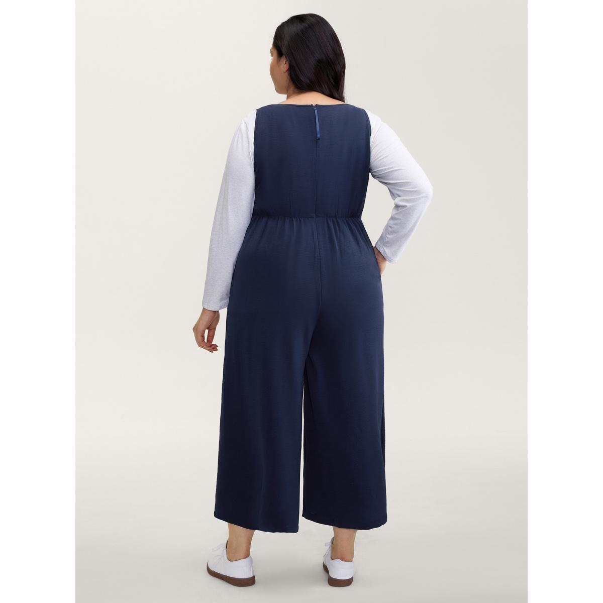 Plus Size DarkBlue Hidden Zipper Pockets Wide-Leg Jumpsuit Women Leisure Sleeveless Notched collar Casual Loose Jumpsuits BloomChic 12/L Product Image