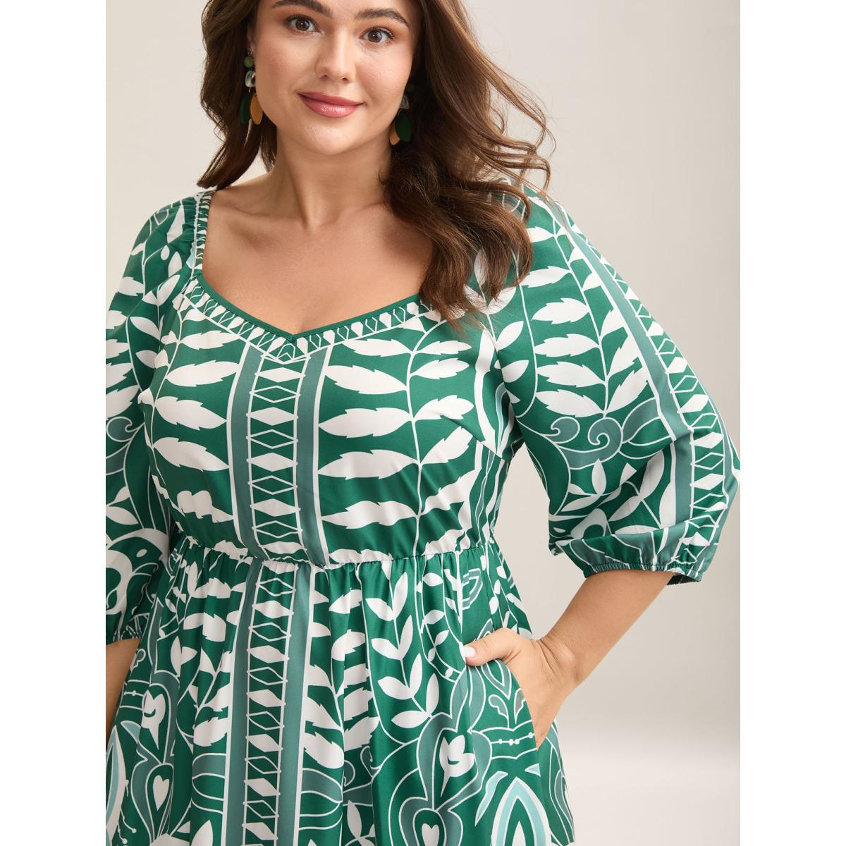 Plus Size Leafy Print Puff Sleeve Pockets Midi Dress Emerald Women Heart neckline Elbow-length sleeve Curvy BloomChic 28/5X Product Image