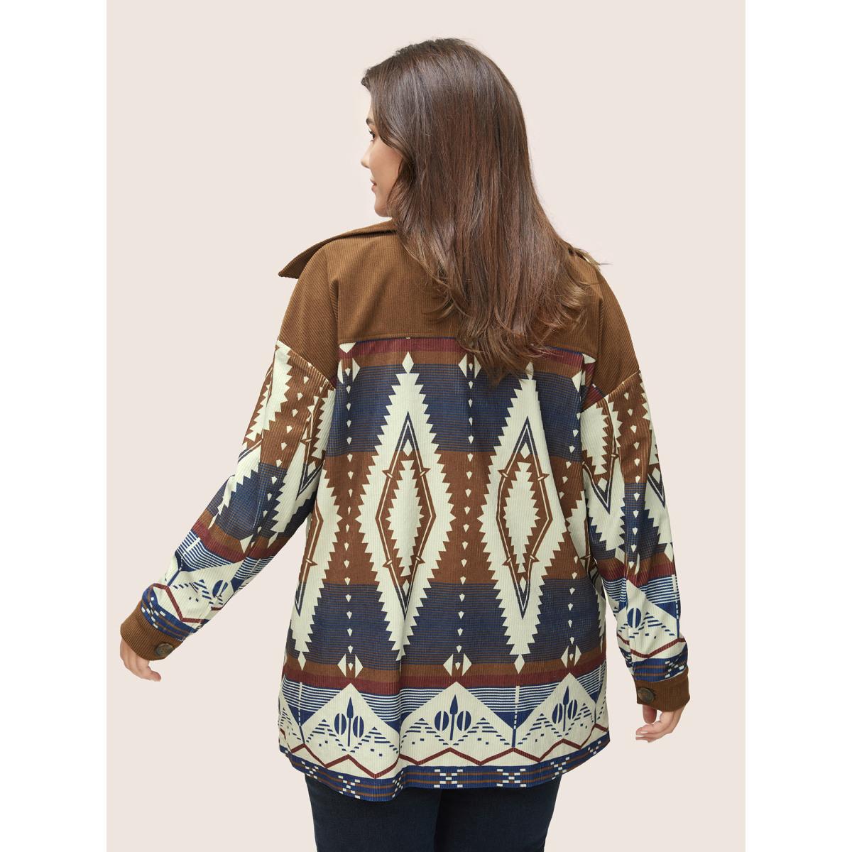 Plus Size Geometric Patchwork Corduroy Patched Pocket Jacket Women DarkBrown Lined Pocket Everyday Jackets BloomChic 10/M Product Image