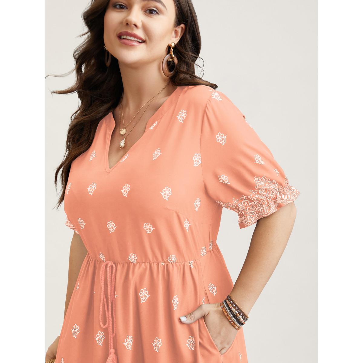Plus Size Floral Waist-Tie Notched Collar Midi Dress Nudepink Women Boho Ruffles Notched collar Half Sleeve Curvy BloomChic 30/6X Product Image