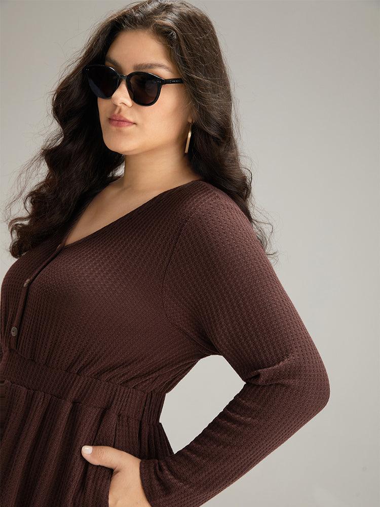Waffle Knit Button Up Elastic Waist Dress Female Product Image