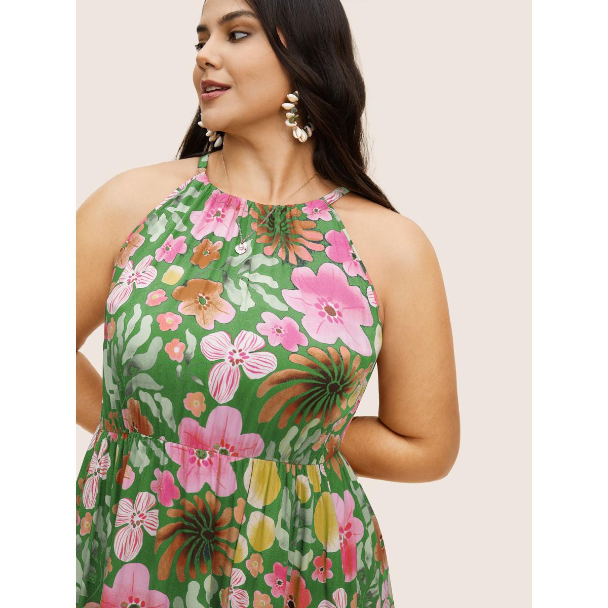 Plus Size Floral Printed Patchwork Side Seam Pocket Dress Truegreen Women Resort Gathered Non Sleeveless Curvy BloomChic 12/L Product Image