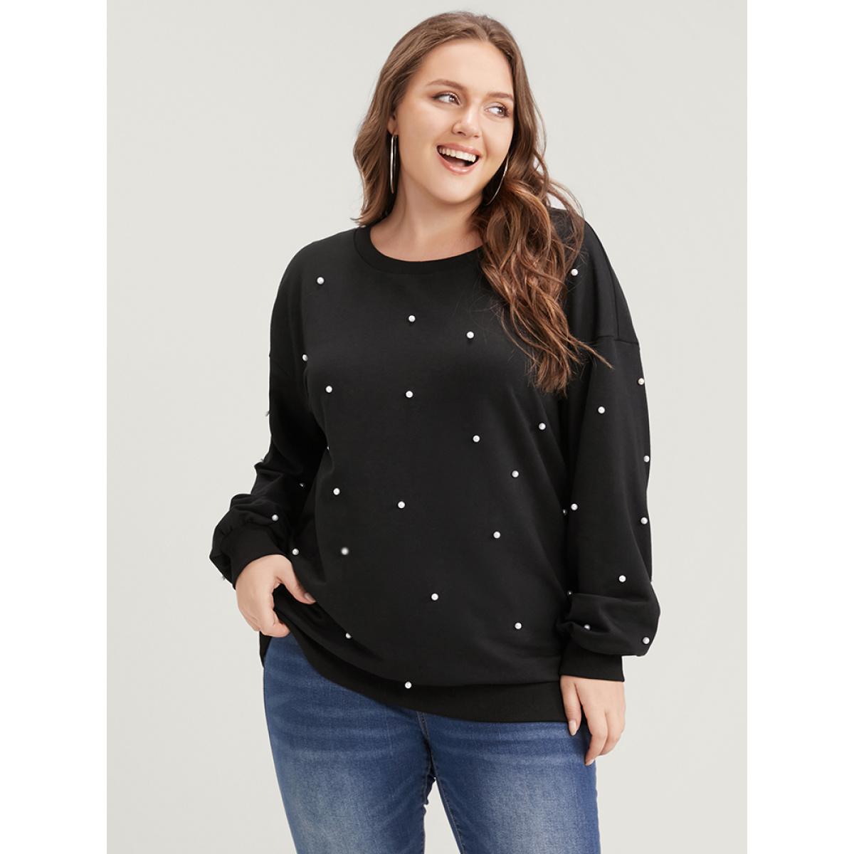 Plus Size Solid Pearl Beaded Drop Shoulder Sweatshirt Women Black Party Beaded Round Neck Going out Sweatshirts BloomChic 10/M Product Image