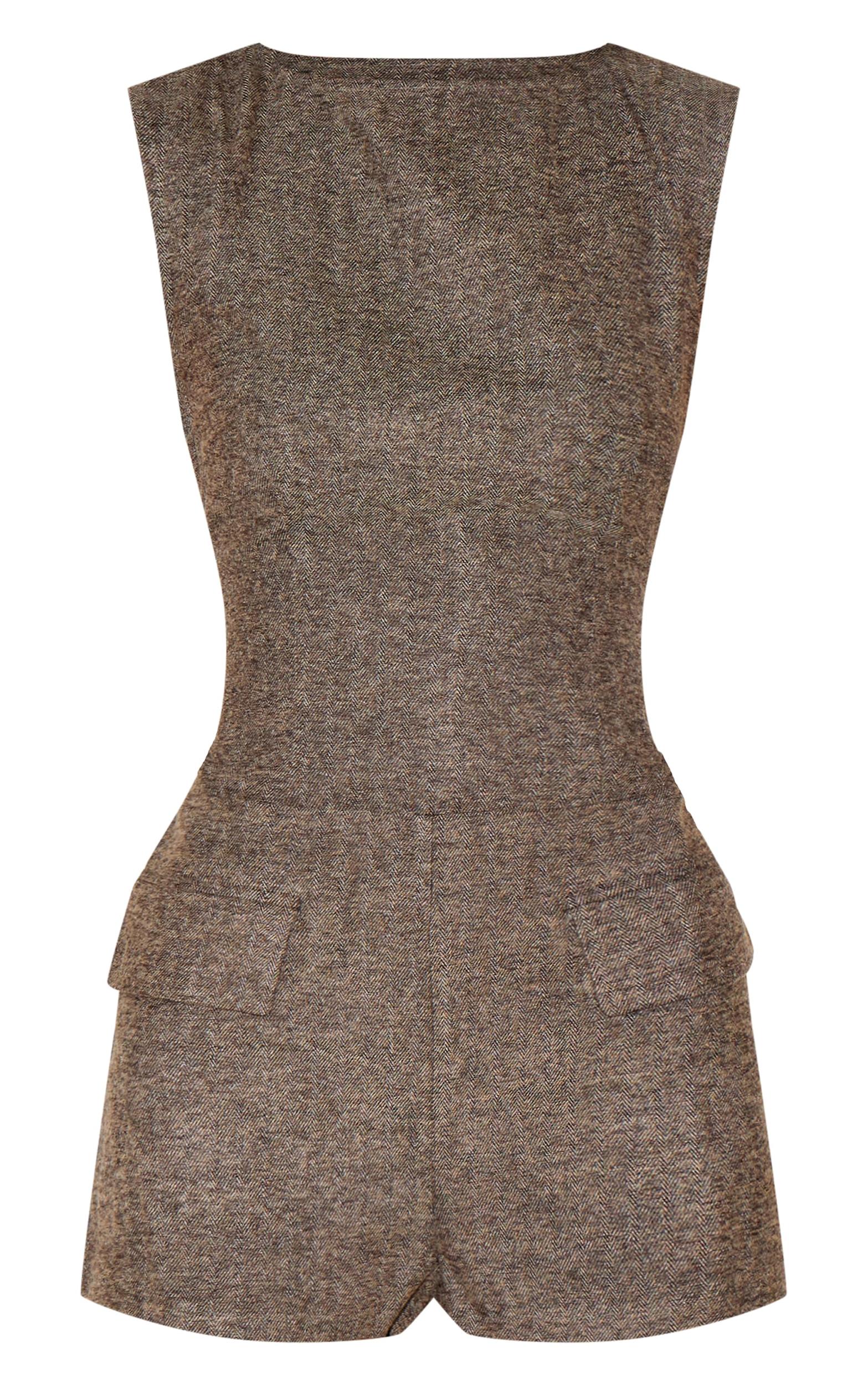 Brown Tweed Sleeveless Pocket Detail Romper Product Image