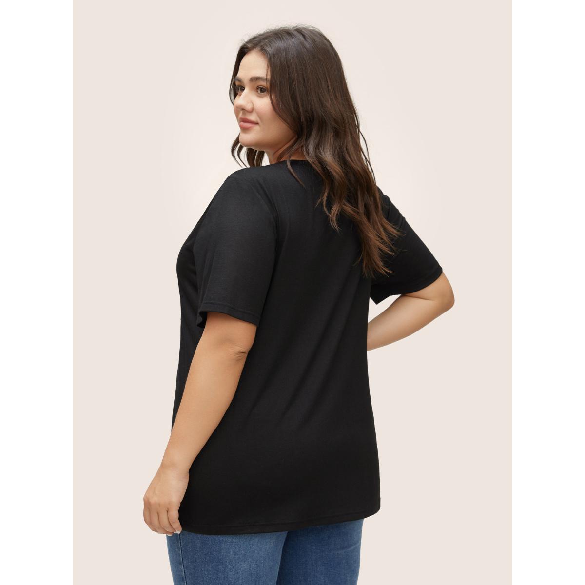 Plus Size Love Rhinestone V Neck T-shirt Black Women Casual Rhinestone detailing Art&design Everyday T-shirts BloomChic 12/L Product Image