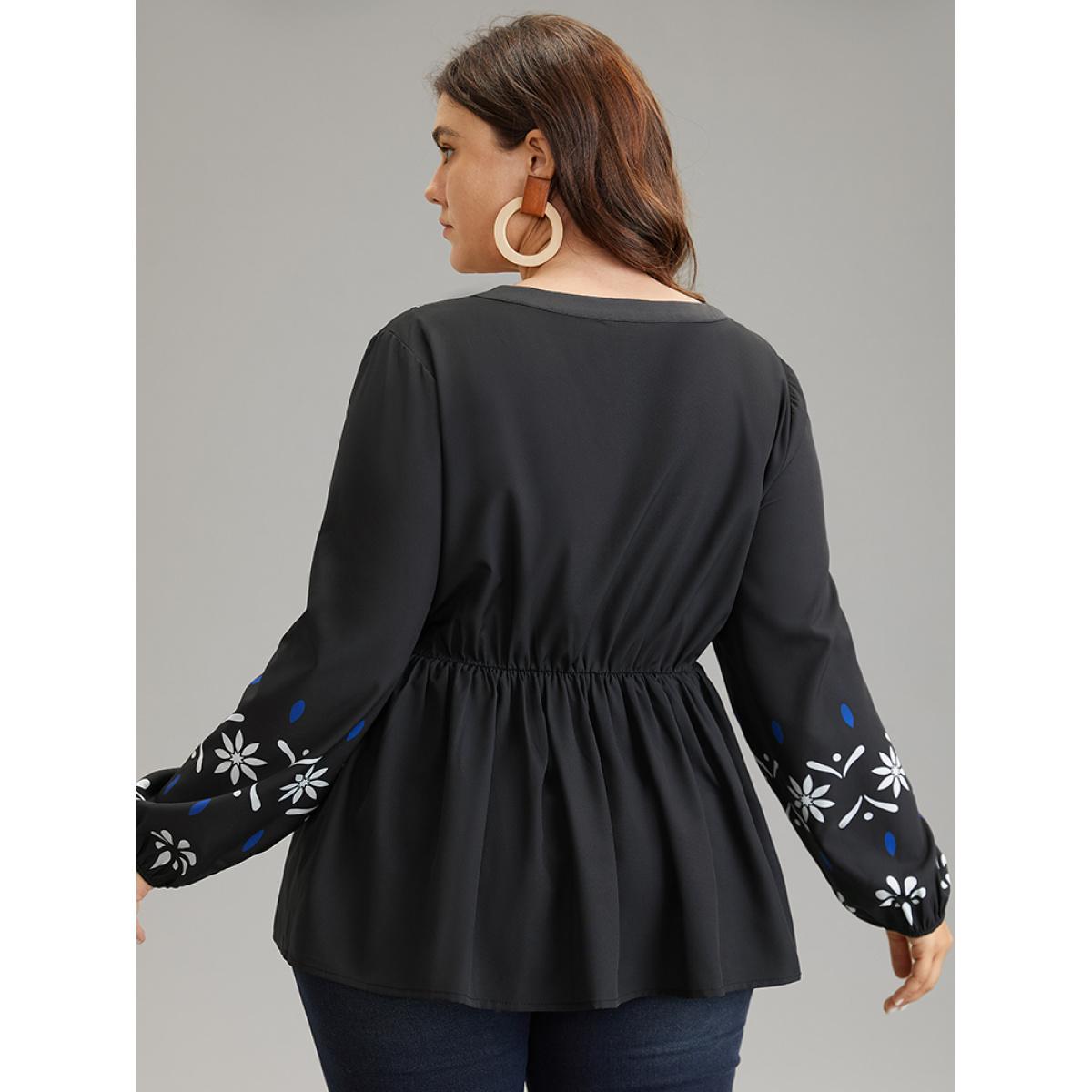 Plus Size Black Boho Print Tie Neck Elastic Waist Tassels Blouse Women Resort Long Sleeve Tie Neck Vacation Blouses BloomChic 26/4X Product Image