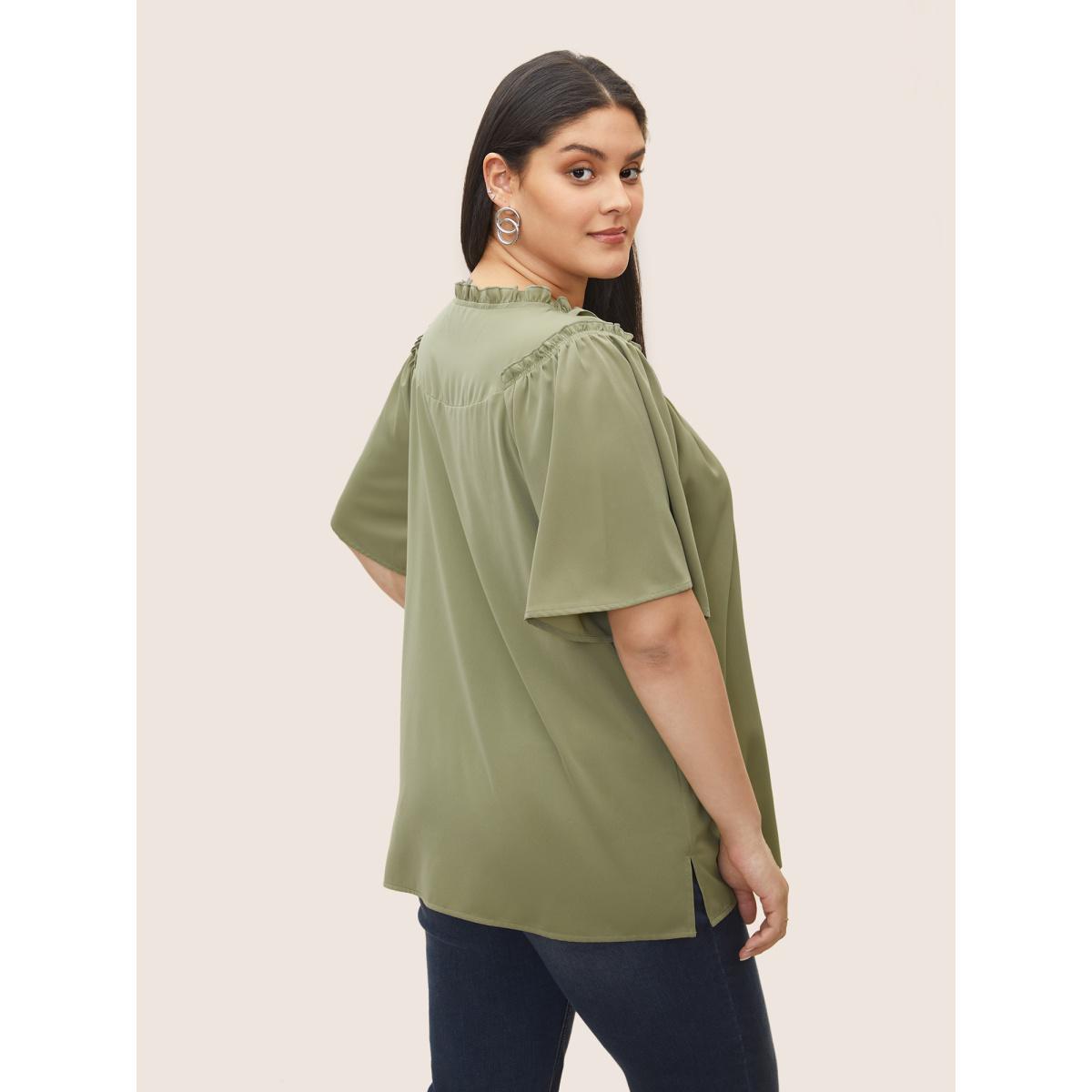 Plus Size Sage Plain Frill Trim Gathered Ruffle Sleeve Blouse Women At the Office Short sleeve V-neck Office Blouses BloomChic 22-24/3X Product Image