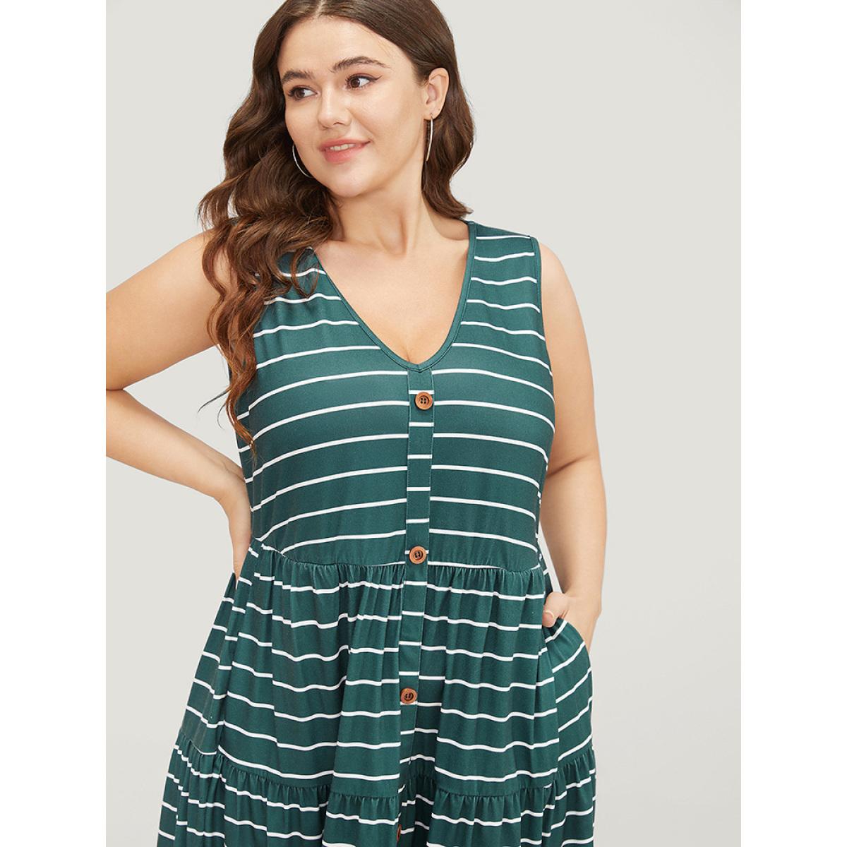 Plus Size Striped Print Button Detail Ruffle Tiered V Neck Tank Dress Cyan Women Casual Contrast V-neck Sleeveless Curvy Midi Dress BloomChic 30/6X Product Image