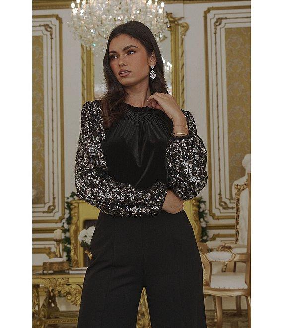 Sugarlips Destine City Michelle Velvet Leopard Sequin Mock Neck Long Sleeve Top Product Image