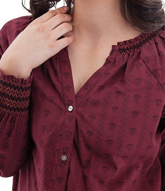 Aventura Fleur Delis Organic Cotton Woven Smocked Split V-Neck Button Front Top Product Image