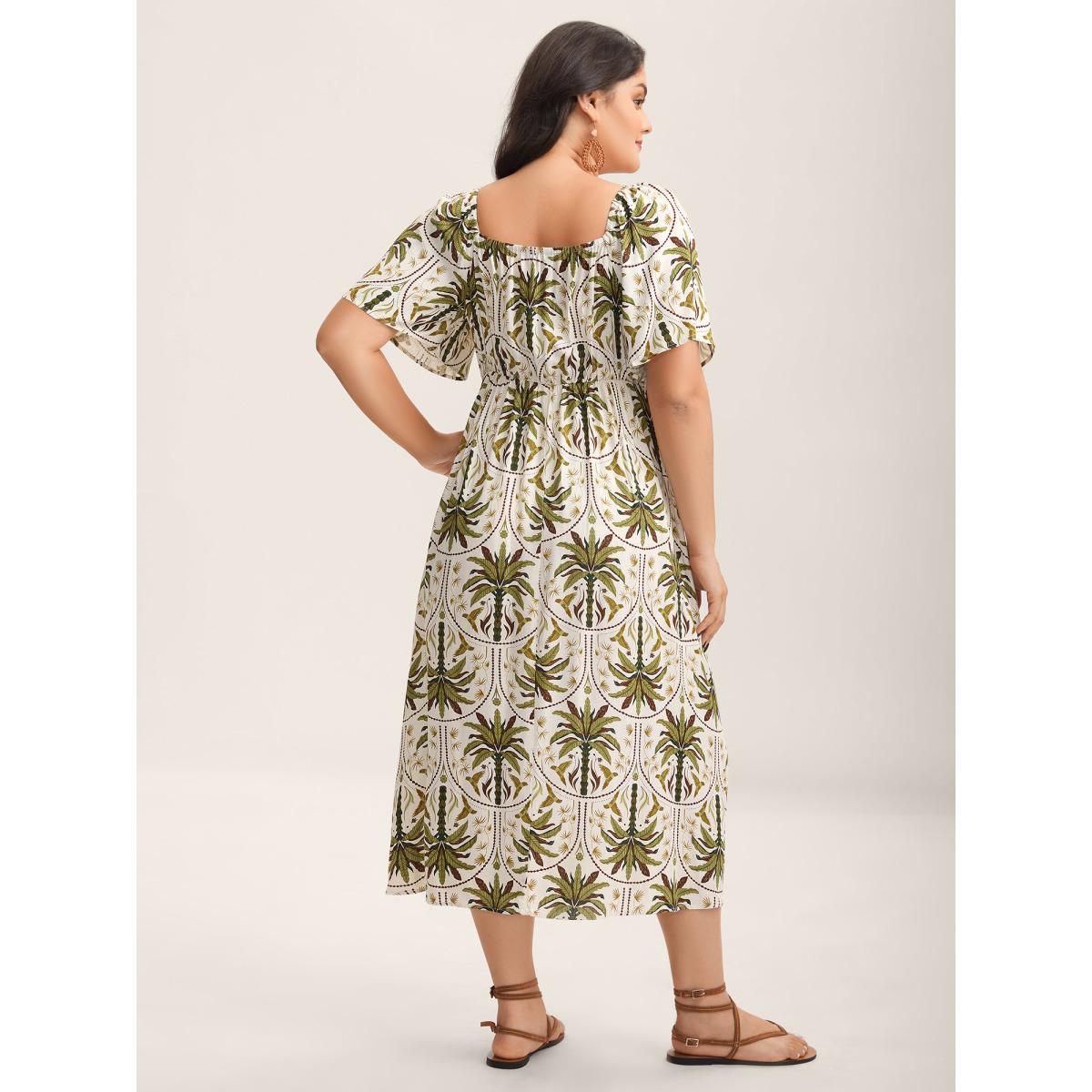 Plus Size Tropical Print A-Line Slit Midi Dress Multicolor Women Square Neck Short sleeve Curvy BloomChic 14-16/1X Product Image