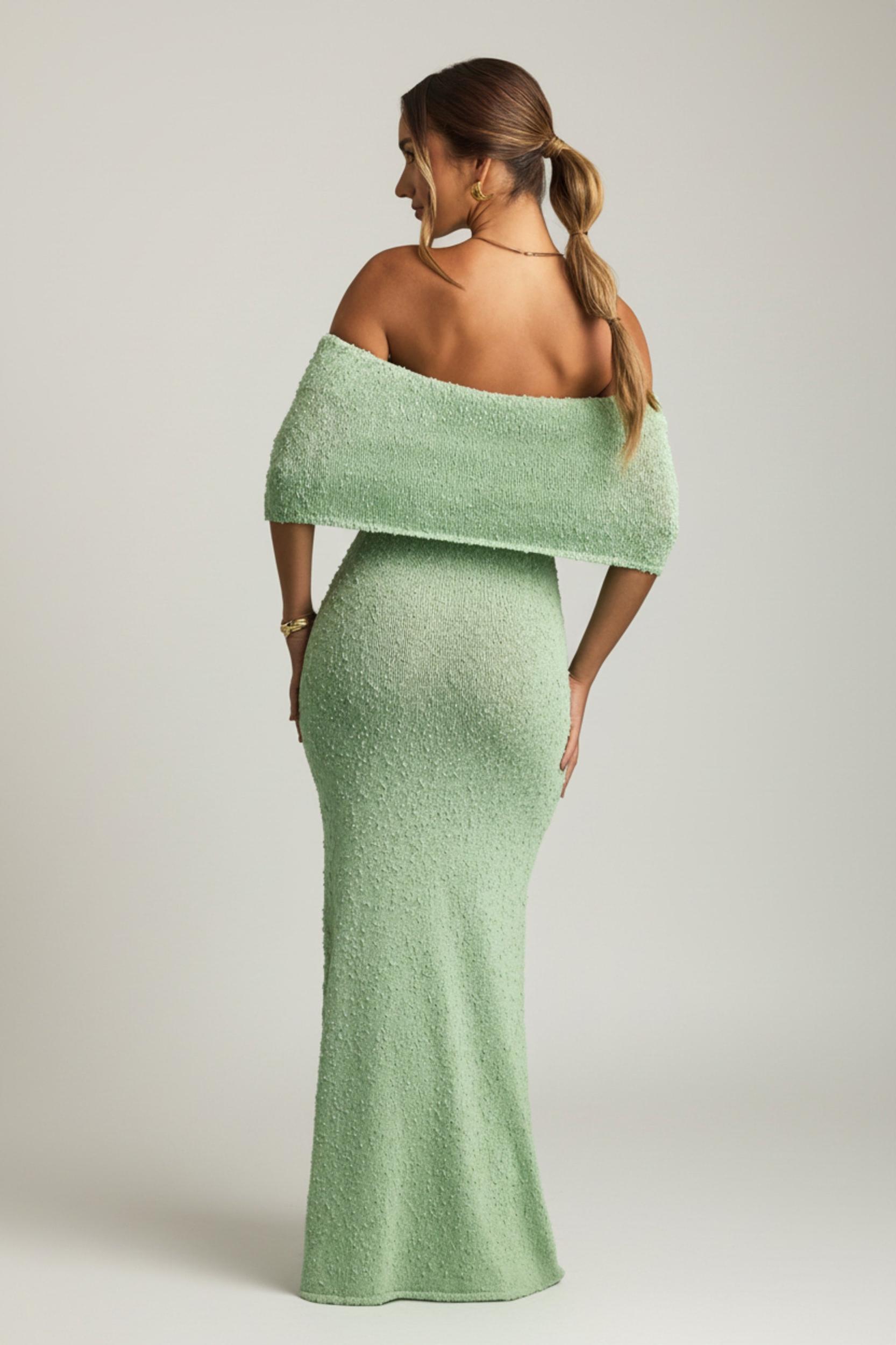 Bouclé Off-Shoulder Maxi Dress in Mint Girls Product Image