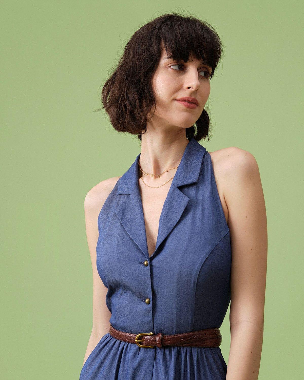 The Blue Lapel Tunic Sleeveless Midi Dress Product Image